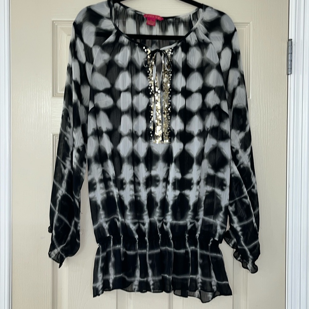 Sheer Sequin Sunny Leigh Blouse with Dropped Elastic Waist and Elastic Sleeves